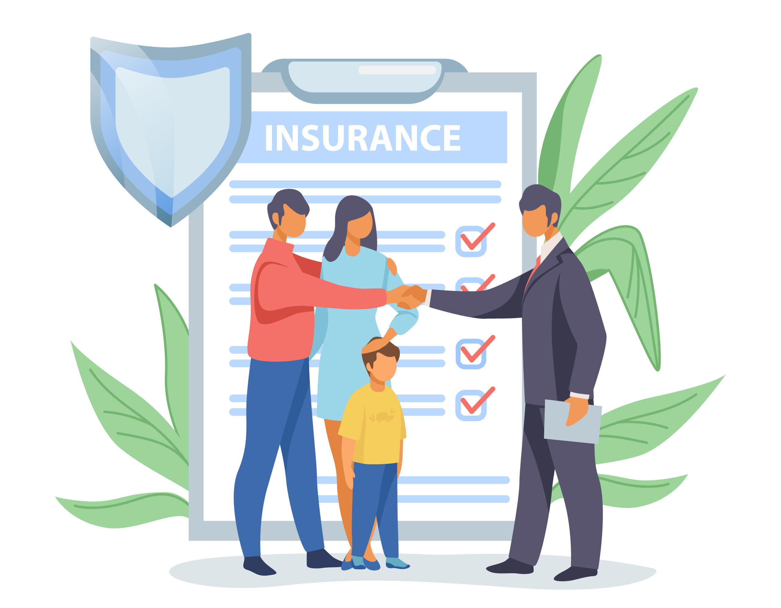 Father shaking hands with insurance agent. Family life insurance flat vector illustration. Insurance concept for banner, website design or landing web page